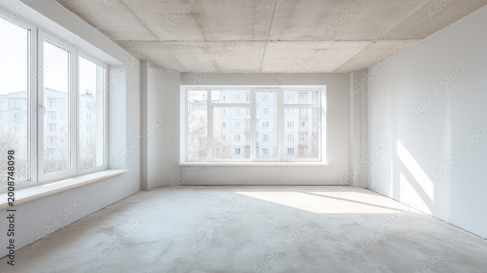 Fototapeta premium Bright empty room with large windows and concrete ceiling, ready for renovation or design