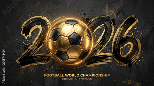 Football world championship 2026 vector illustration with golden ball and black brushstroke text on dark background for premium sports branding
