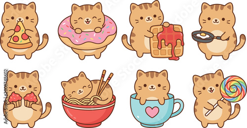 Cute cat character set eating pizza donut waffle ramen cupcake lollipop and cooking egg for bakery cafe kids menu snack food beverage vector illustration collection design stickers.