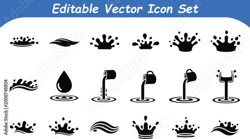Editable vector icon set of water splashes drops ripples pouring liquid effects with pictogram