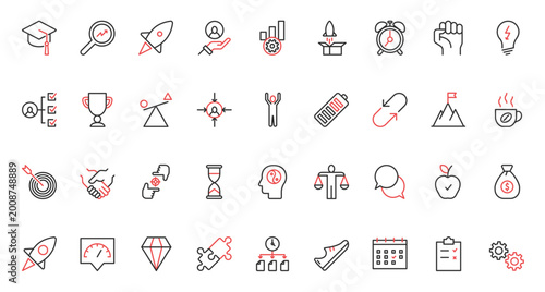 Vector illustration red black thin line icons set for productivity, skill growth, self-improvement, business training, education business training staff, development multitasking concentration mission