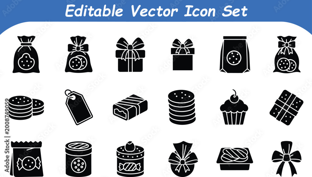 Naklejka premium Holiday gifts sweets confectionery silhouette vector icon set with confectionery, chocolate