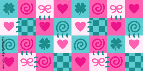 Foto Kawaii patchwork plaid pattern with hearts, bows, clovers, swirls, and checkered squares in pink, teal, and white
