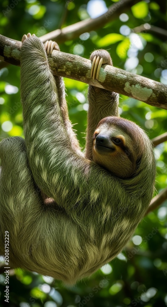 Obraz premium Slow Moving Sloth Hanging Upside Down From a Tree Branch