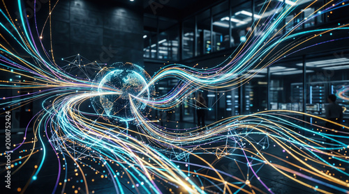 Global data network streams flowing around digital earth in modern server room