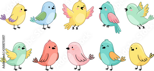 Tableau sur toile Cute and Colorful Bird Vector Set Featuring Various Bird Species in Bright and P