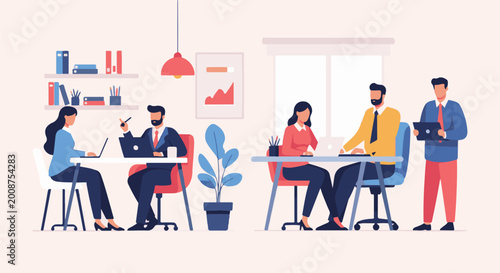 Modern office scene with people collaborating on laptops and a tablet