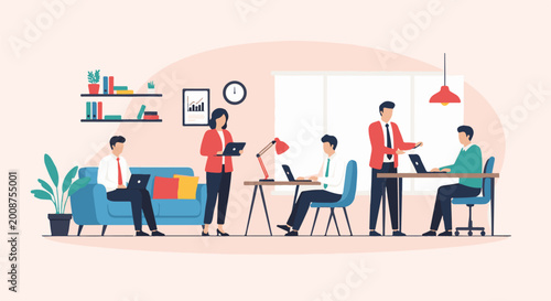 Flat illustration of diverse professionals collaborating in a modern office environment