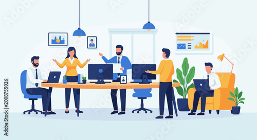Flat illustration of people collaborating and working in a modern office environment