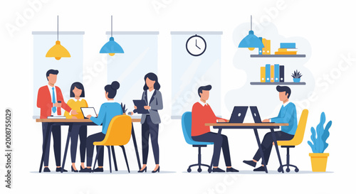 Flat illustration of people collaborating and working on laptops in a modern office