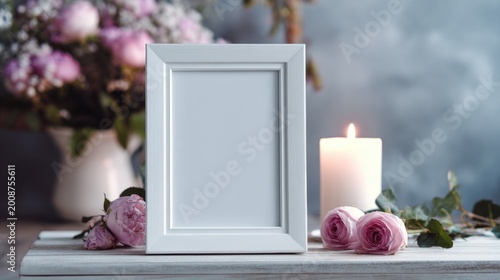altar with photo frame and flowers at home