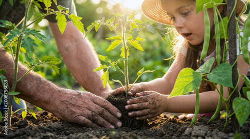 Child and grandparent hands planting young tomato plant in garden soil