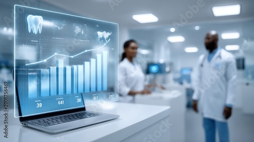 Futuristic Medical Data Analysis and Healthcare Technology Display with Professionals in Background