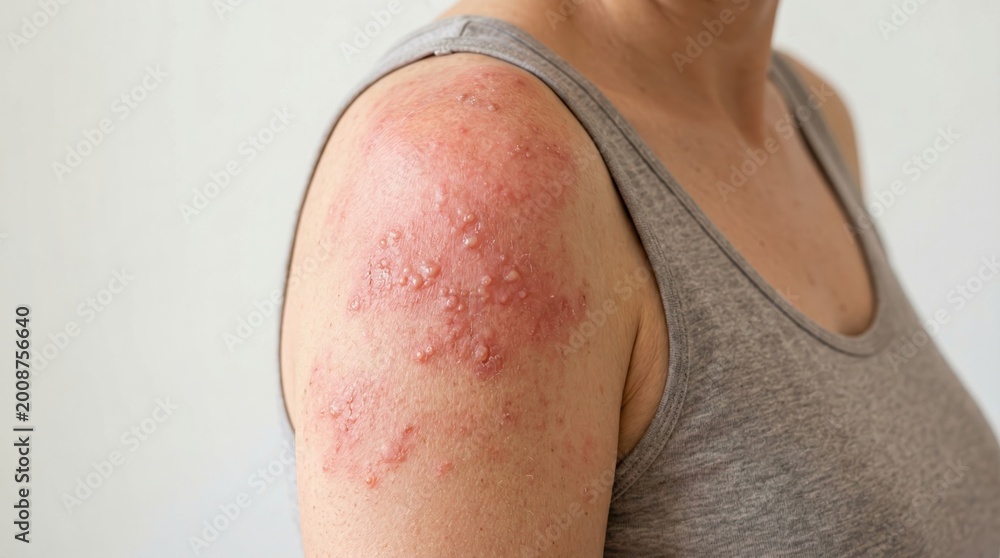 Naklejka premium Woman showing shingles skin rash on shoulder. Herpes zoster virus breakout with red blister and inflammation. Chickenpox symptom, discomfort and dermatological skin disease concept.