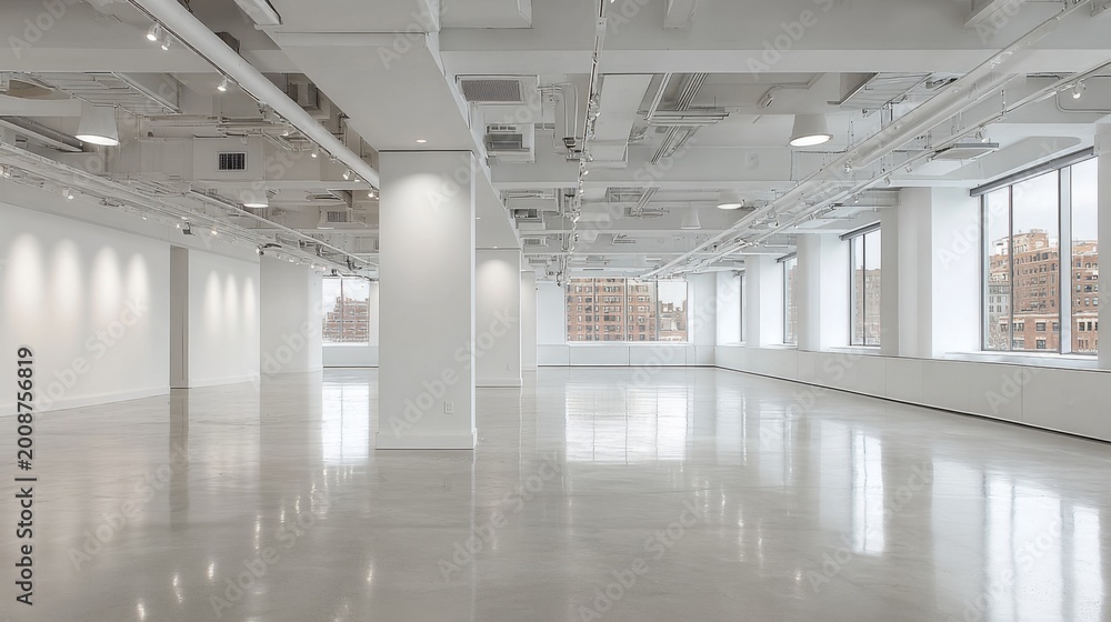 Naklejka premium Bright, modern, empty white office space with large windows and polished concrete floors, ready for customization.