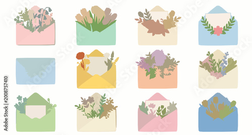 Obraz na płótnie Cartoon floral envelope vector set spring flowers tulips and romantic letter mai