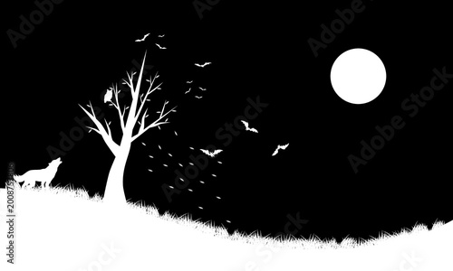 Bats, wolf and owl in the forest