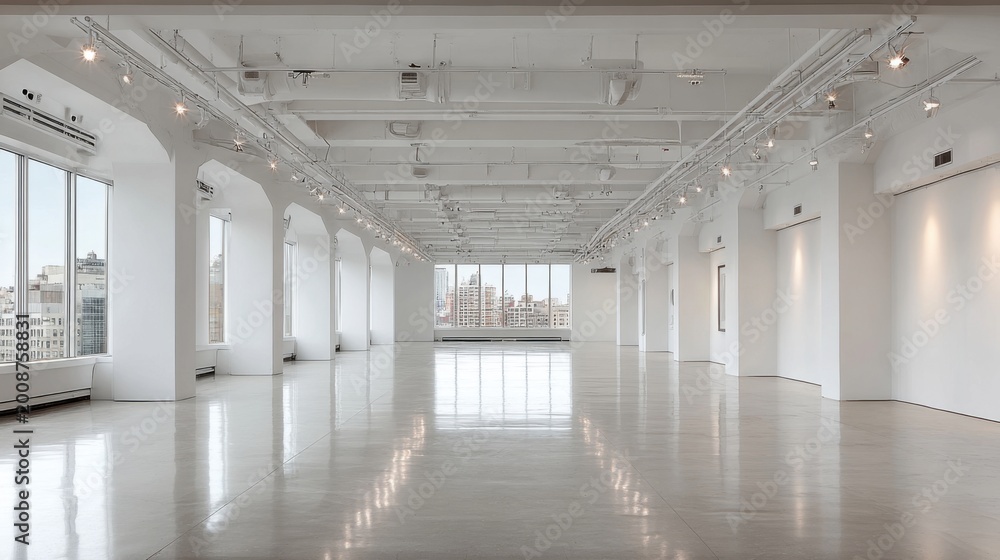 Fototapeta premium Spacious, light-filled industrial loft studio with large windows and city views, perfect for events