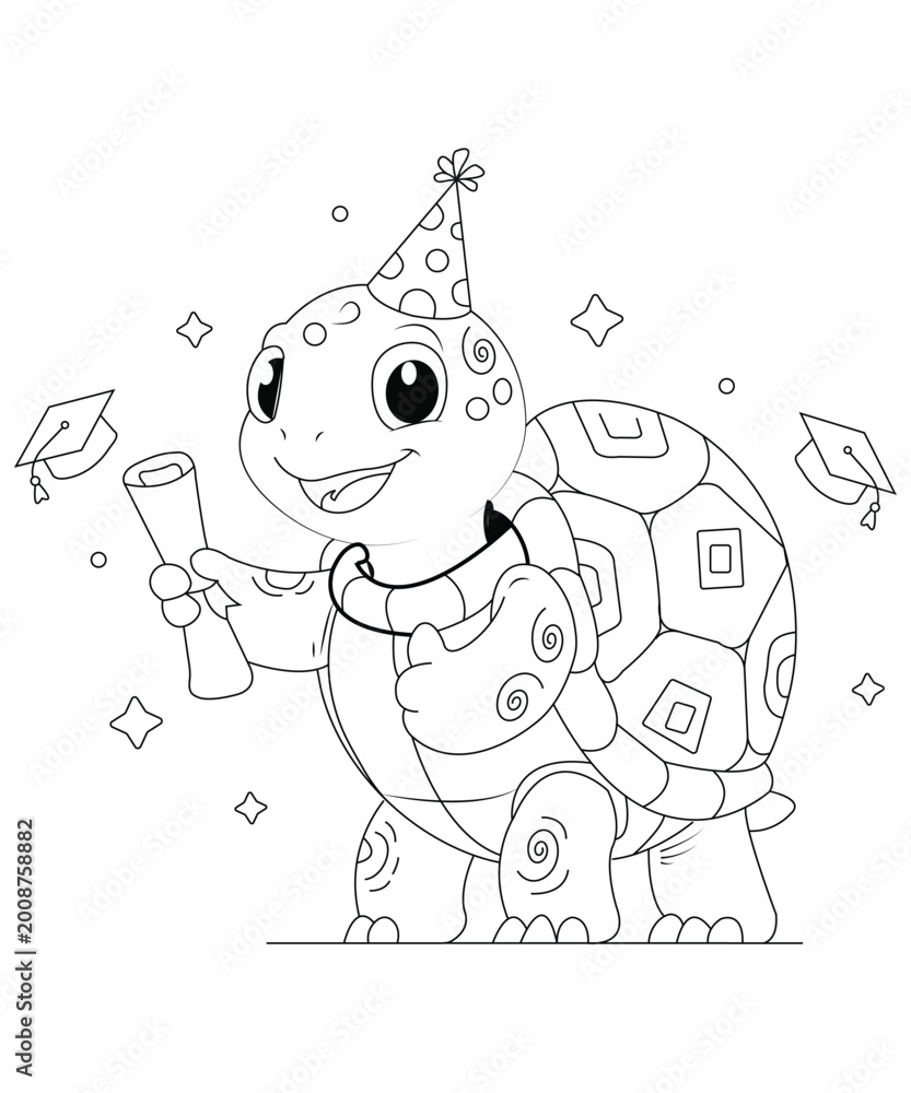 Fototapeta premium Cute Graduation Turtle with Diploma Coloring Page for Kids