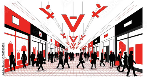 Photos Shopping street with people and red letter v on transparent background