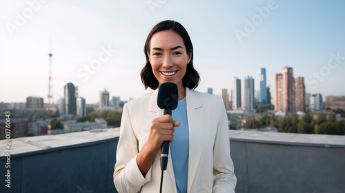 Female news reporter with microphone on city rooftop, live broadcast journalism, urban skyline background, television correspondent, media coverage, breaking news and professional