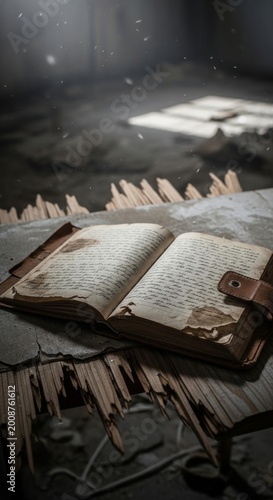 Aged, Water-Stained Diary Open on a Cracked Surface
