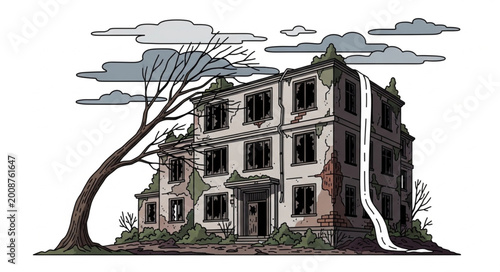 Bilde på lerret Abandoned Old Building with Decaying Structure and Overgrown Tree