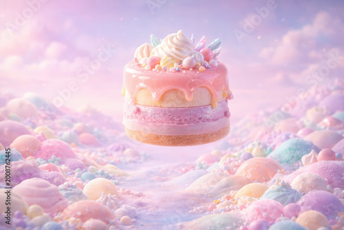 Pastel Fantasy Cake Floating In Candy Dreamland