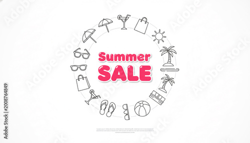 A circle of minimalist summer icons surrounds the text 