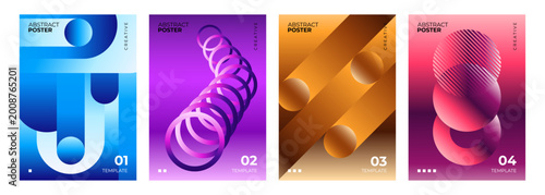 Set of Abstract Posters. Vibrant gradient dynamic geometric shapes on color background. Creative graphic designs. Vector illustration.