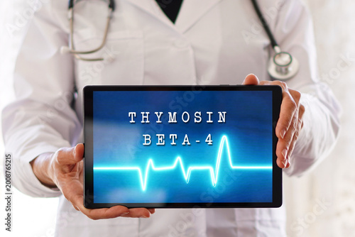 THYMOSIN BETA-4. Healthcare professional showing a digital tablet. Longevity medicine concept.