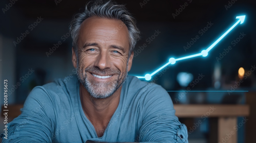 Obraz premium Smiling mature man with positive financial growth graph symbolizing success and achievement
