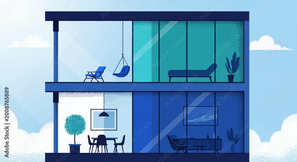 Fototapeta premium Modern blue glass building with outdoor balcony and interior furniture in a sunny urban setting.