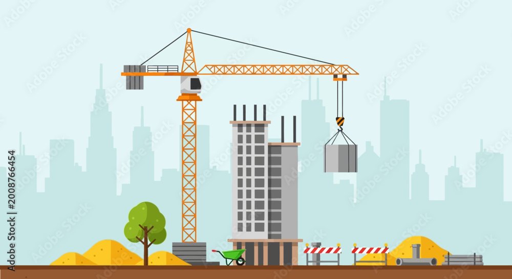 Obraz premium Under Construction in Progress: Skyscraper Crane at Urban Site and City Skyline.