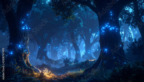 Enchanting Blue Forest Portal with Glowing Lights.