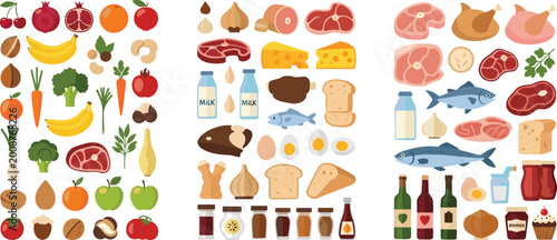 Foto Large collection of food icons including fruits vegetables meat fish dairy bread