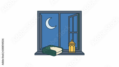 Ramadan night window with open shutter, crescent moon, book and lantern