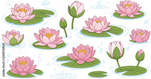 Cuadro en lienzo Water Lily Flower Icon Set Featuring Pink Lotus Blossoms, Buds, and Green Lily P