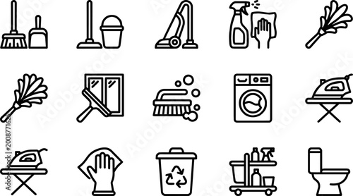 Various cleaning items outline icons for household chores