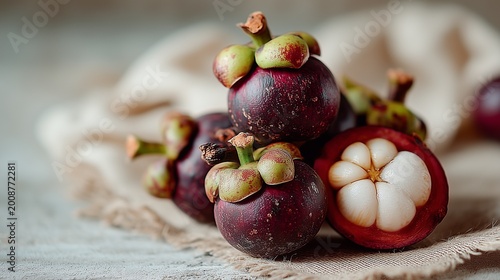 Fresh exotic mangosteen fruits in rustic still life setting