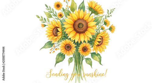 Beautiful watercolor bouquet of yellow sunflowers and leaves