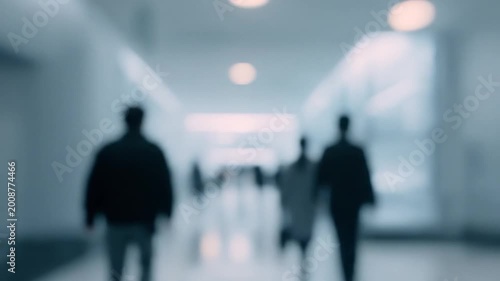 Blurred figures walking down a bright, modern interior hallway