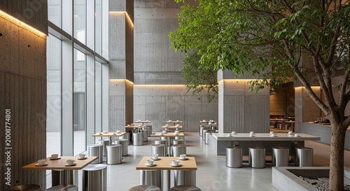 Modern interior with tables and trees restaurant or cafe ambience