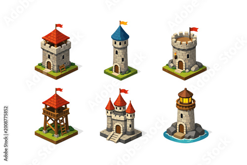 Collection of isometric medieval towers and a lighthouse on white background