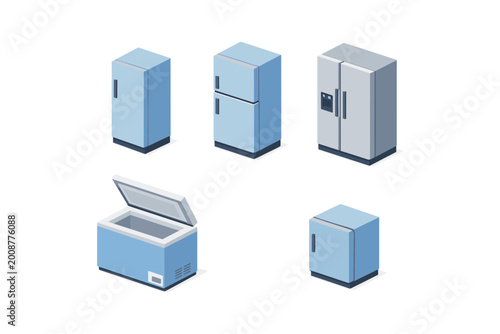 Collection of isometric refrigerators and freezers in various styles and sizes