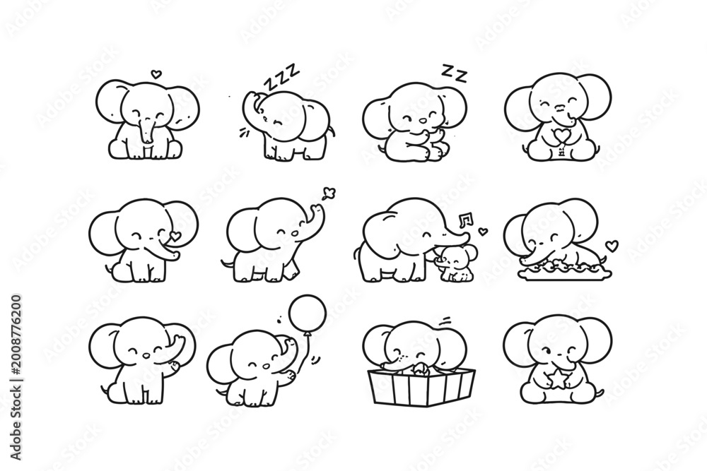 Obraz premium Collection of cute cartoon elephants in various adorable poses and activities