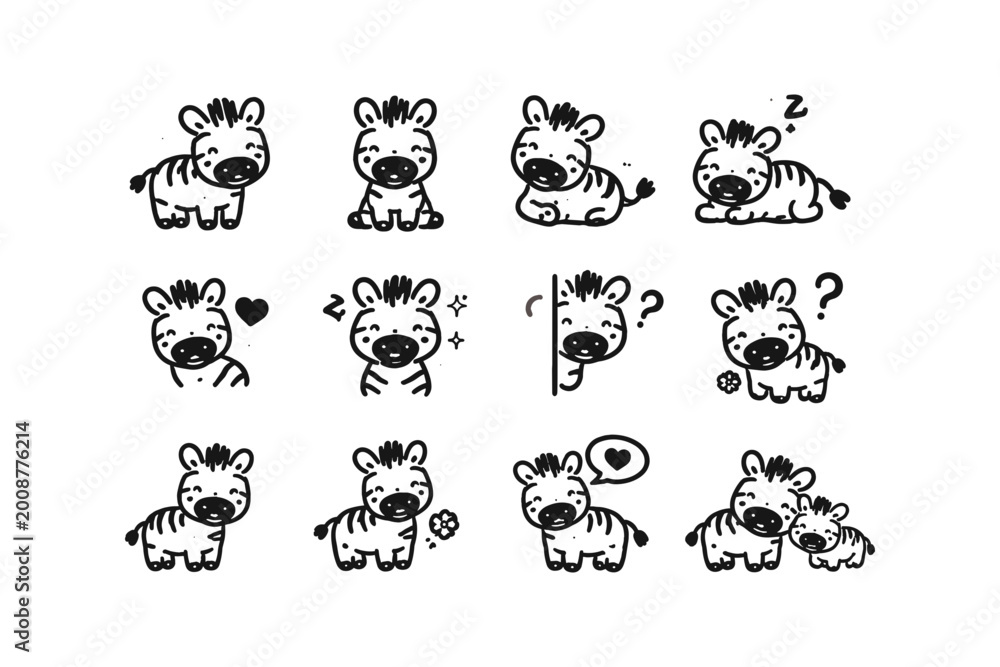 Fototapeta premium Cute cartoon zebra collection with various emotions and actions