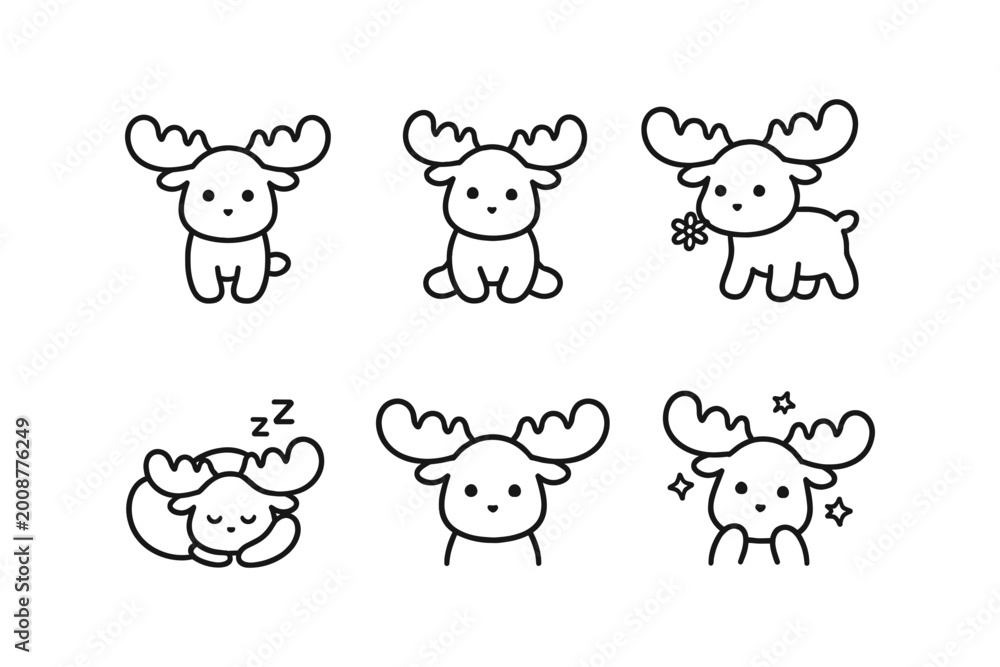 Fototapeta premium Cute cartoon moose icons in various poses and expressions