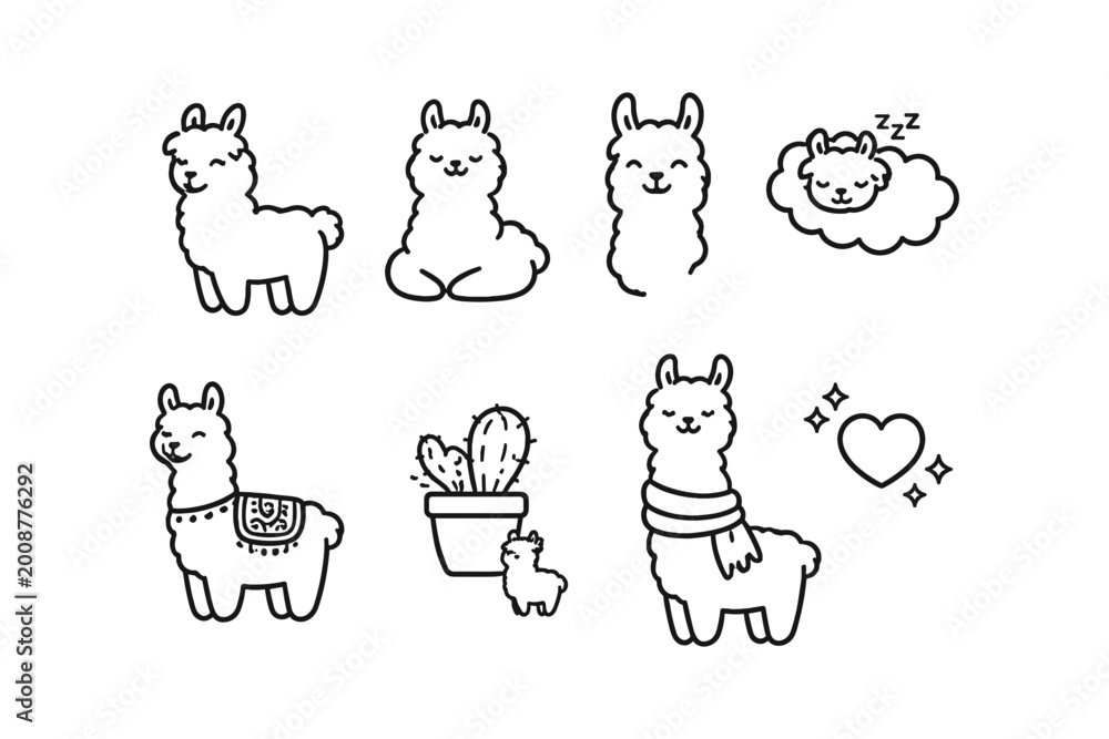 Fototapeta premium Cute hand-drawn llama illustrations in a simple, charming line art style