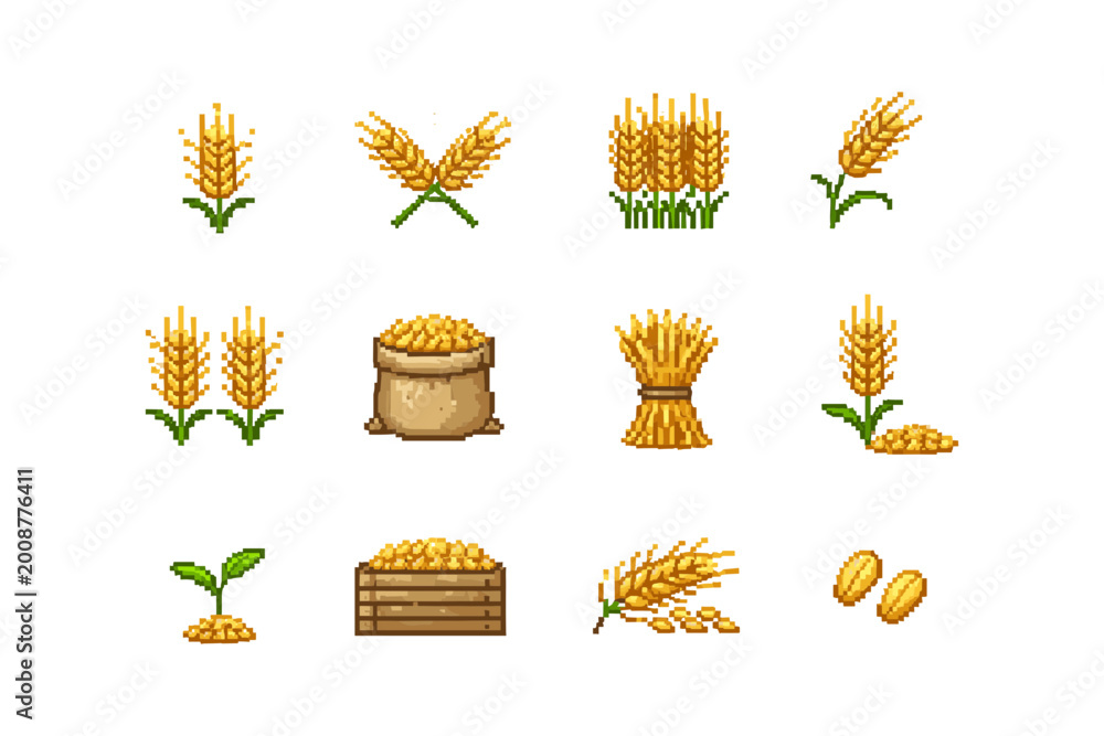 Fototapeta premium Pixel art collection of wheat icons representing growth and harvest stages
